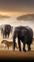 Elephants and lions walking in the grass photo