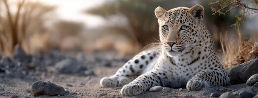 A leopard laying on the ground in the desert photo