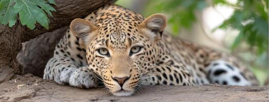 A leopard resting in the shade of a tree photo
