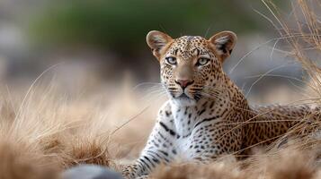 A leopard is sitting in the grass and looking at the camera photo