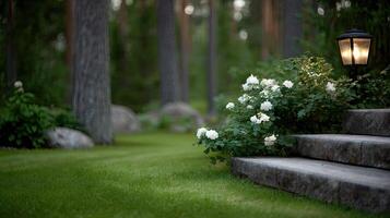 A stone path leads to a lamp and flowers photo