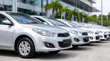 A row of white cars parked in front of a building photo
