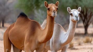 Two camels standing in the desert near trees photo
