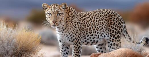 A leopard is walking through the desert photo