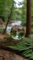 A glass ball sitting on a log in the woods photo