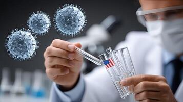 A man in a lab coat holds up a test tube with a flag on it photo