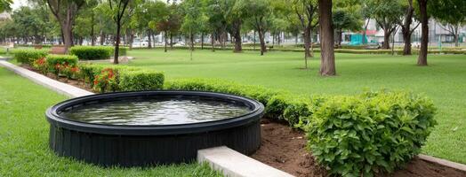 A water fountain in a park with green grass and trees photo
