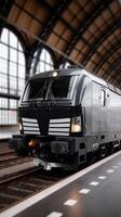 A train is driving down the tracks in a train station photo