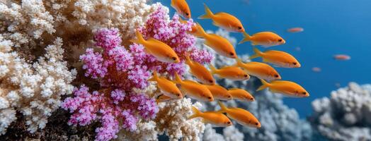 A group of orange fish swimming on a coral reef photo