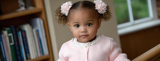 A baby girl in a pink sweater and pink bow photo