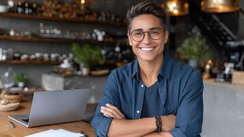 A smiling man in glasses sitting at a table with a laptop photo