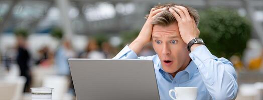 A man sitting at a table with his head in his hands and a laptop photo