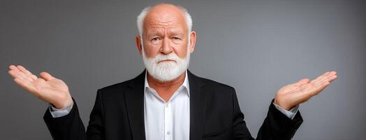An old man with a white beard and a suit is holding his hands out photo