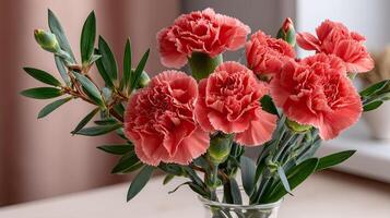 A vase filled with pink carnations on a table photo
