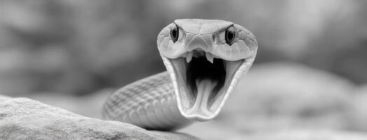 A black and white photo of a snake with its mouth open