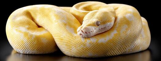 A yellow snake curled up on a black background photo