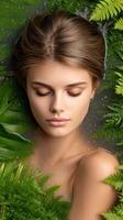 Beautiful woman in the spa bath with ferns and water photo