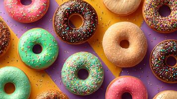 Assorted Colorful Donuts with Sprinkles Overhead Flatlay Sweet Treats photo
