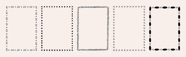 Set of five abstract rectangular frames with different dash and dot patterns. Hand drawn illustration vector