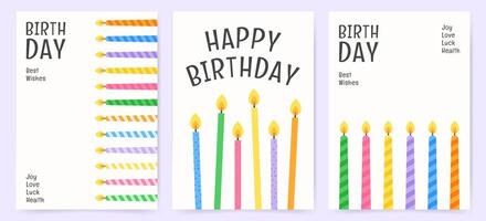 Birthday card designs with colorful candles and joyful messages in flat style vector