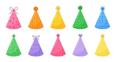Colorful collection of party hats in different patterns and styles. Flat hand drawn illustration vector