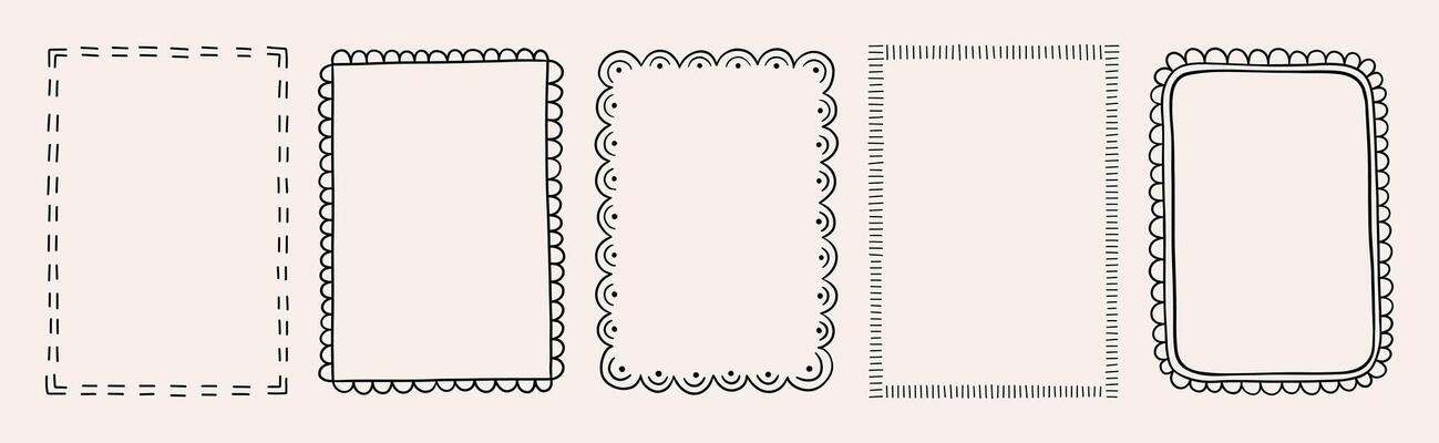 Set of decorative rectangular frames with dashed, scalloped, and lined designs. Flat hand drawn illustration