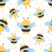 Seamless pattern with yellow bees on honeycomb background. Flat hand drawn illustration vector