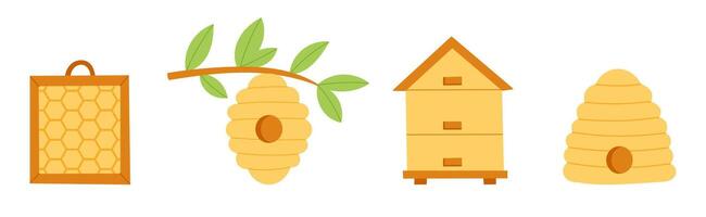 Set of honeycombs, beehives, and bee nests in simple flat style. Hand drawn illustration vector