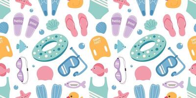 Summer seamless pattern with colorful pool and beach items. Flat hand drawn illustration vector
