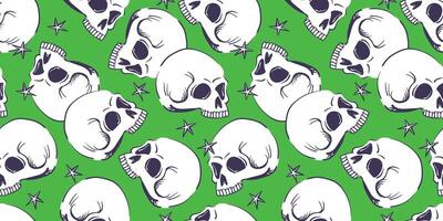 Seamless pattern with human skull. stylized craniums isolated on green background. Background with human bone for Halloween decor or product design in mystical style vector