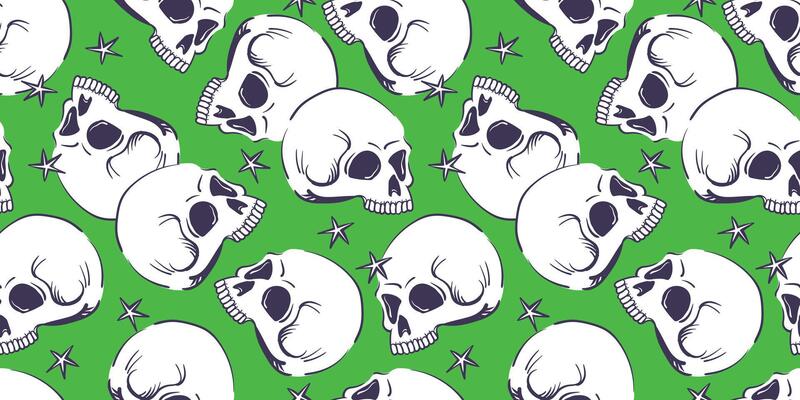 Seamless pattern with human skull. stylized craniums isolated on green background. Background with human bone for Halloween decor or product design in mystical style