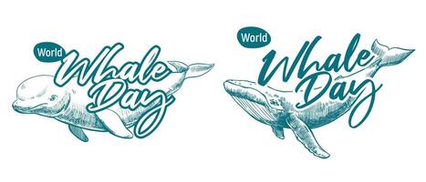 Emblems with an appeal to save marine mammals. Whale Day, February 19, 2025. monochrome linear drawing of a beluga whale and a humpback whale. Concept of the problem of preserving the ocean. vector