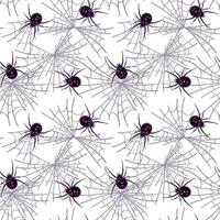 Spider black widow Latrodectus occidentalis hangs on a web. Black spider with red spots in flat style. Dangerous poisonous insect on a white background. seamless pattern for Halloween. vector