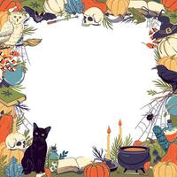 Frame with magic goods, Halloween decoration. Template with witchcraft and witchcraft goods, cauldron, grimoire, potion, elixir, skull, magic ball, cat, snake, owl, toad, spider. . vector