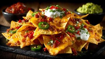Delicious Spicy Nachos with Cheese Jalapenos and Sour Cream photo