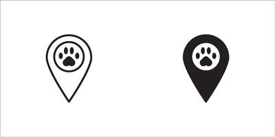 Map pointer paw print icon. Dog paw print icon on location pin . Pet locator icon vector