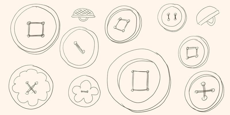 Set sewing buttons line art. Sewing accessories clothes various shapes. Hand drawn illustration