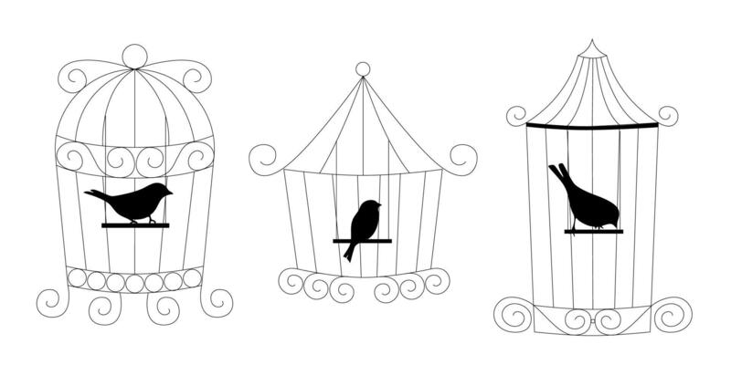 Simple bird cages set in hand drawn doodle line art style collection of metal cages for birds sketchy pet house illustration for decor and design
