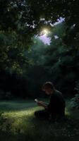 Young person reading a book in a tranquil forest clearing during twilight hours surrounded by natural beauty photo