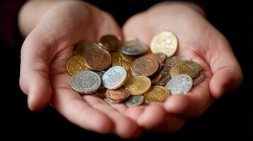 Hands holding assorted coins representing savings and wealth accumulation during evening hours indoors photo