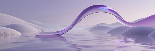 Wavy purple structure rises from calm water during twilight over soft, rounded hills in a serene landscape setting photo
