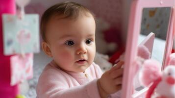 Baby exploring a colorful mirror in a cozy nursery filled with toys and soft light photo
