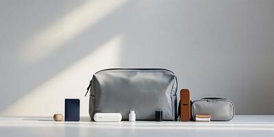 Collection of sleek gray accessories and bags on a minimalistic surface under soft lighting photo