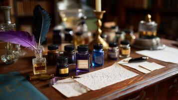 Numerous glass jars of ink, feathers, and parchment on an antique desk in a cozy library setting photo