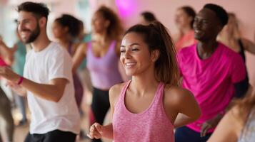 Group of people participating in a lively dance fitness class in a vibrant studio during evening hours photo