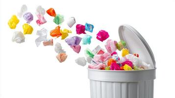 Trash bin overflowing with colorful waste as crumpled paper and wrappers are tossed inside photo