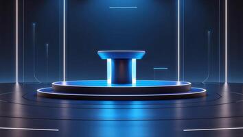 Modern stage setup with blue lighting and circular platform for an event or presentation at night photo