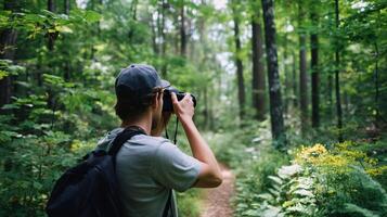 Nature enthusiast captures the beauty of the forest while walking along a serene trail on a sunny day photo