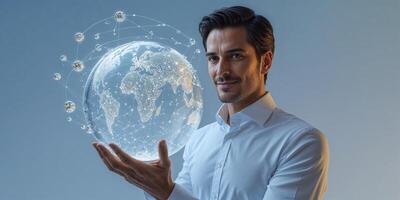Man holds glowing globe representing connection and technology in a modern office environment photo