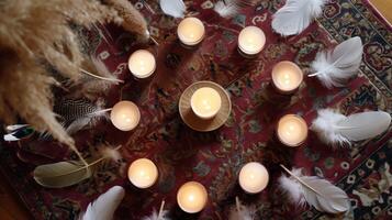 Ceremony with candles and feathers arranged on a decorative rug during an evening gathering photo